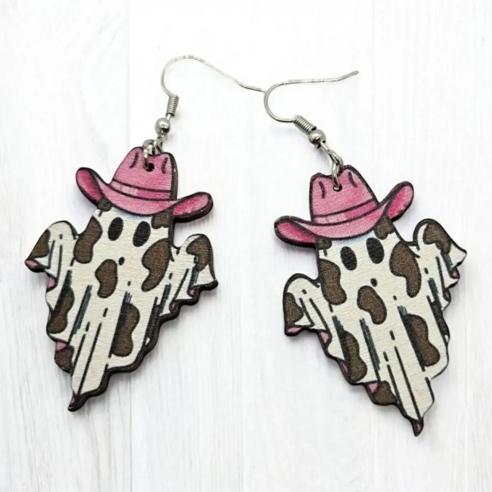 Cowboy Ghost Earrings Cute Spooky Halloween Jewelry Wooden Dangle Gothic Western
